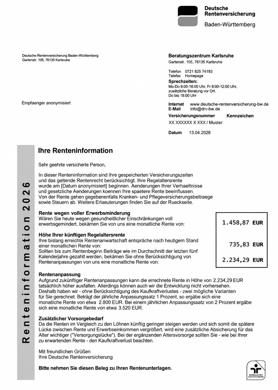 Anonymisierte Renteninformation 2026, erste Seite mit Rentenbeträgen.