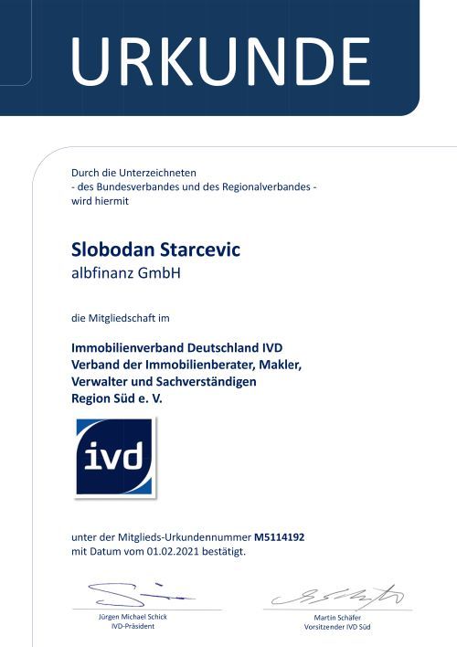 IVD-Mitgliedschaftsurkunde für Slobodan Starcevic, albfinanz GmbH, bestätigt zum 1. Februar 2021