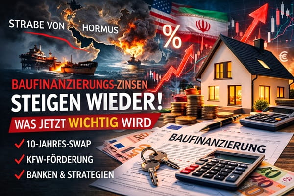Grafik mit Haus und Zinskurve zu steigenden Baufinanzierungszinsen