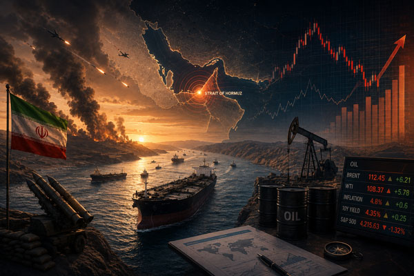 Symbolische Montage aus Schiffsverkehr, Energieanlagen und Finanzmarktgrafiken