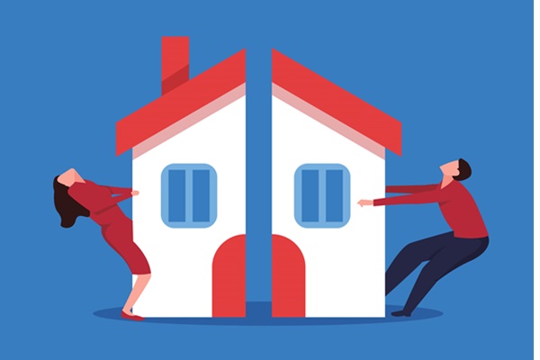 Illustration eines Hauses, dessen Hälften auseinandergezogen werden