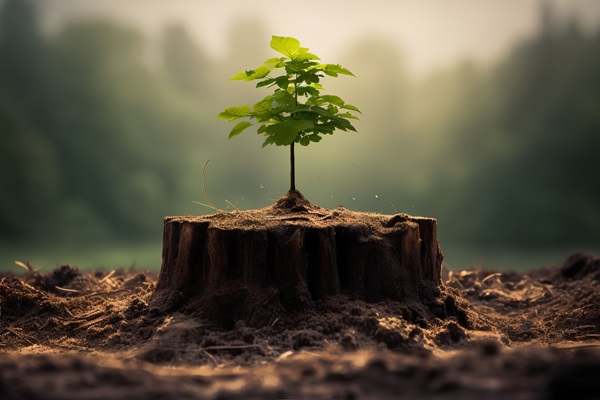 Junger Baum wächst auf einem Baumstumpf
