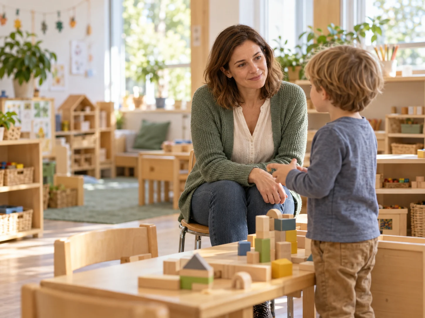 Erzieherin begleitet ein Kind am Spieltisch im Kindergarten