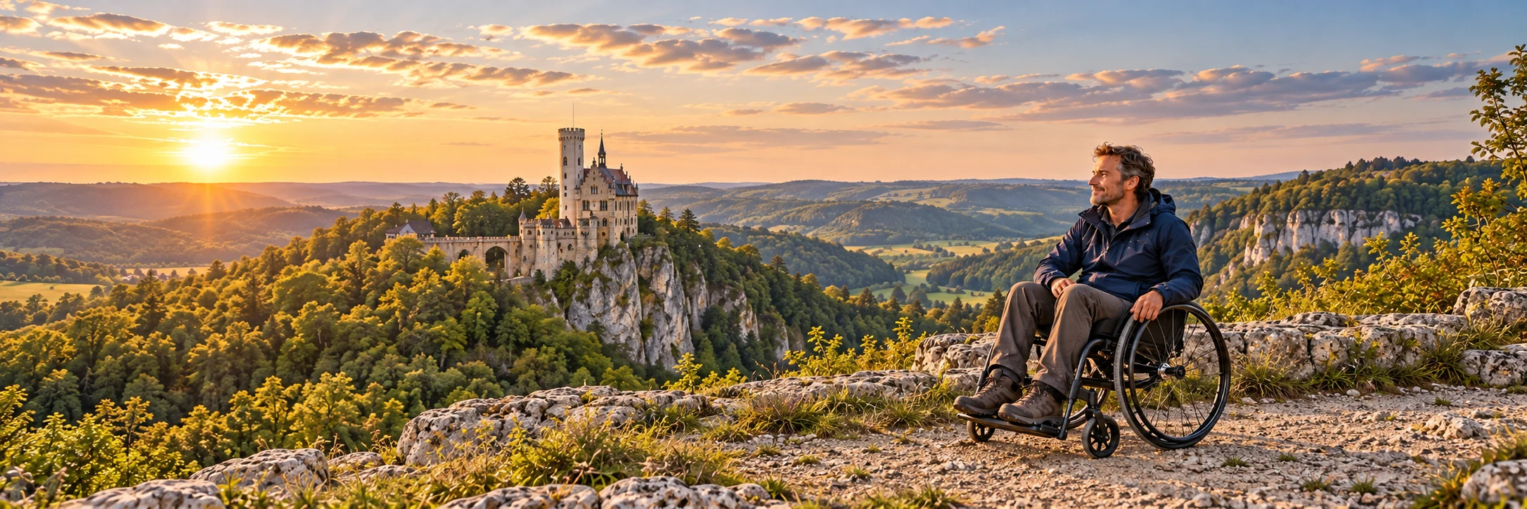 Mann im Rollstuhl vor Schloss Lichtenstein auf der Schwäbischen Alb – KI-generierte Szene