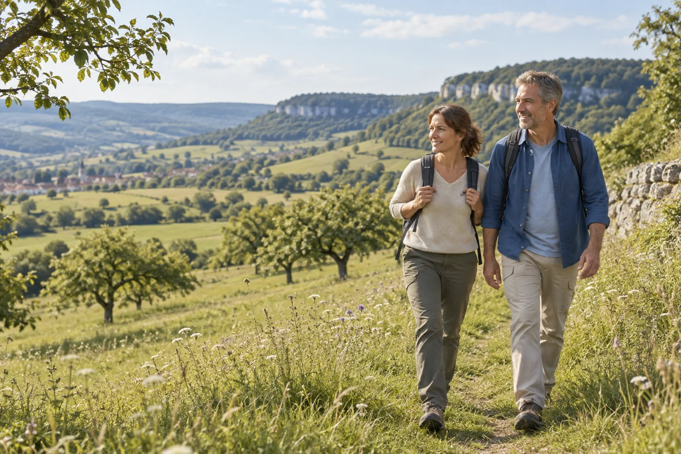 Paar auf einem Wanderweg in einer von der Schwäbischen Alb inspirierten Landschaft – KI-Symbolbild