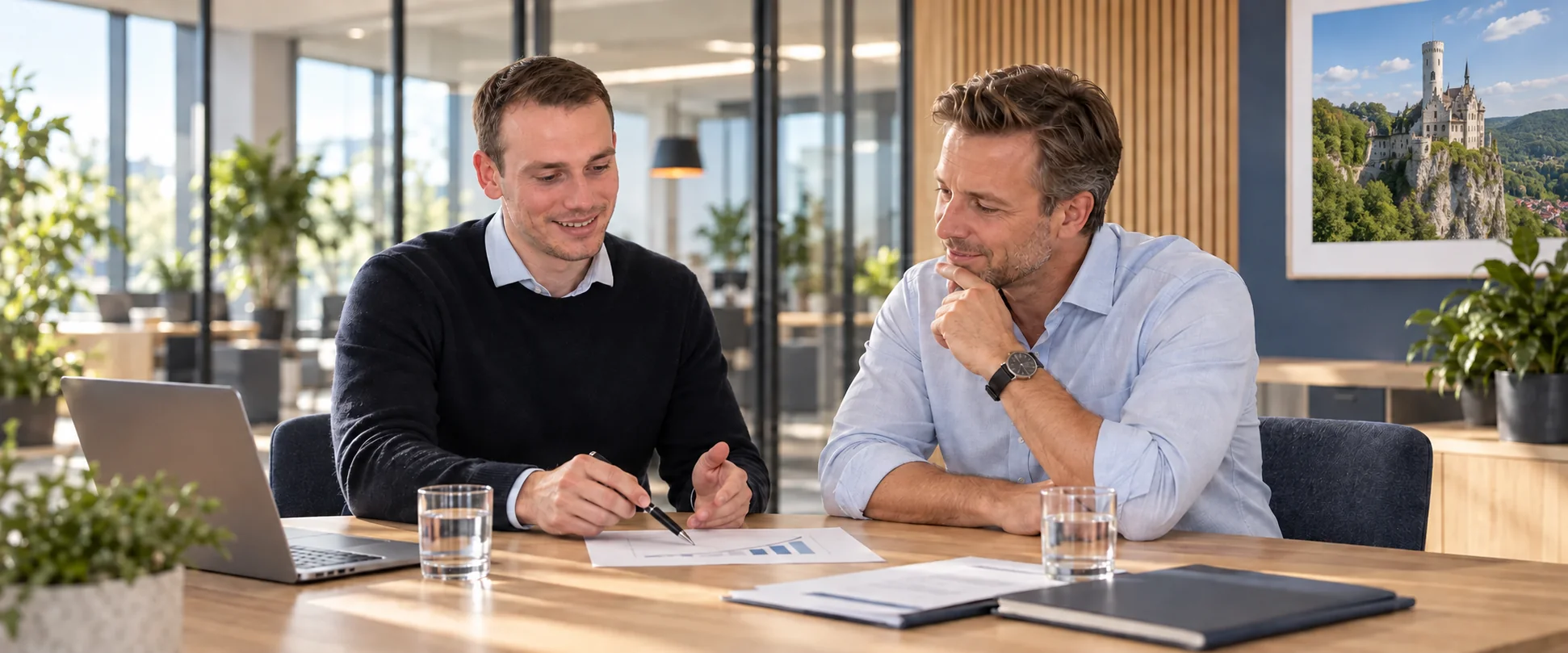 Illustrative Beratung zur Rürup-Rente mit Christoph Bechtle; Schloss Lichtenstein als Bildmotiv im Büro
