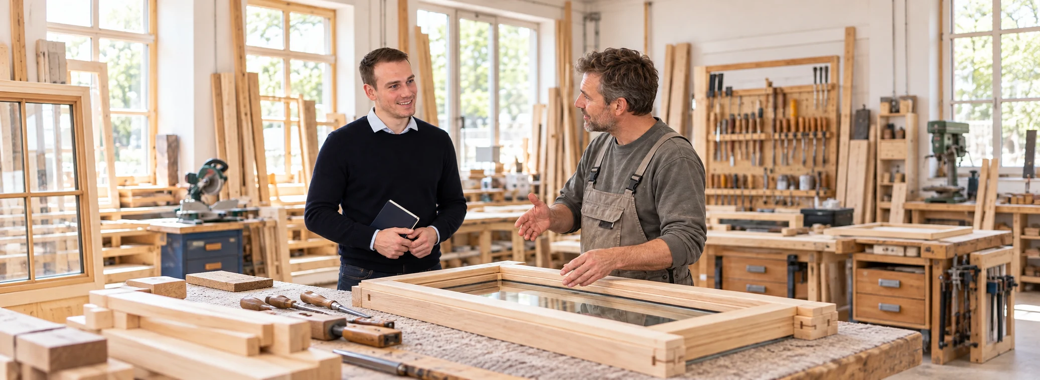 Illustrative Szene: Christoph Bechtle lässt sich bei einem Außentermin die Arbeit eines Tischlers erklären