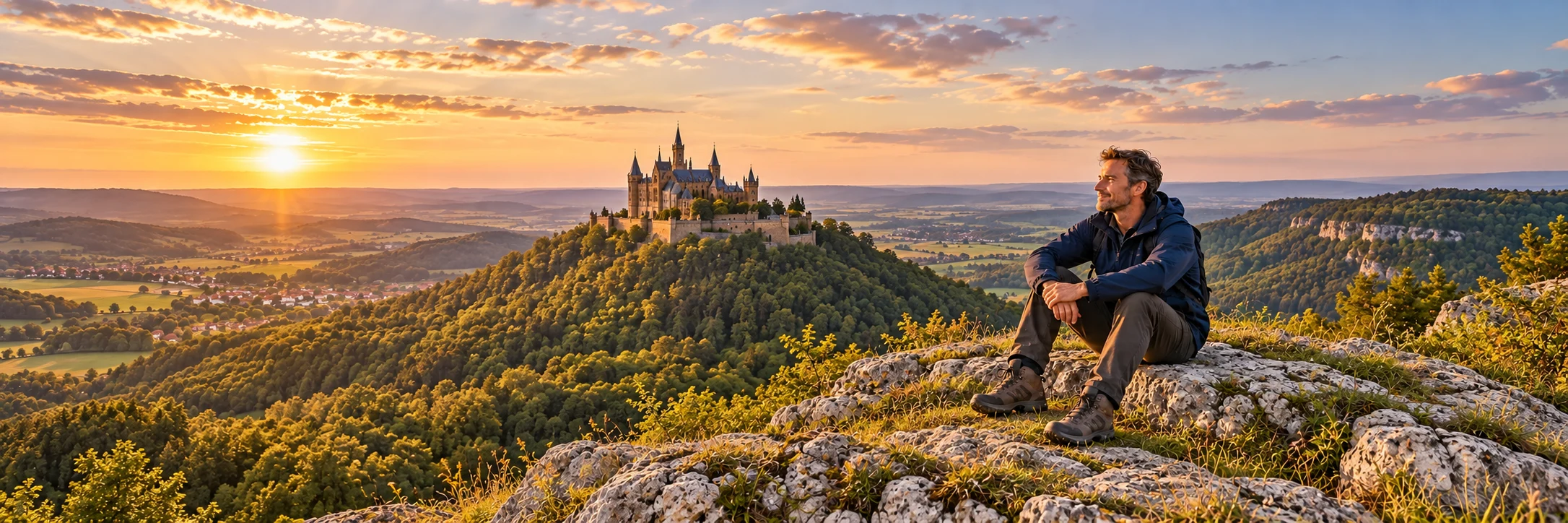 Mann auf einem Aussichtsfelsen mit Burg Hohenzollern im Hintergrund – KI-generierte Szene