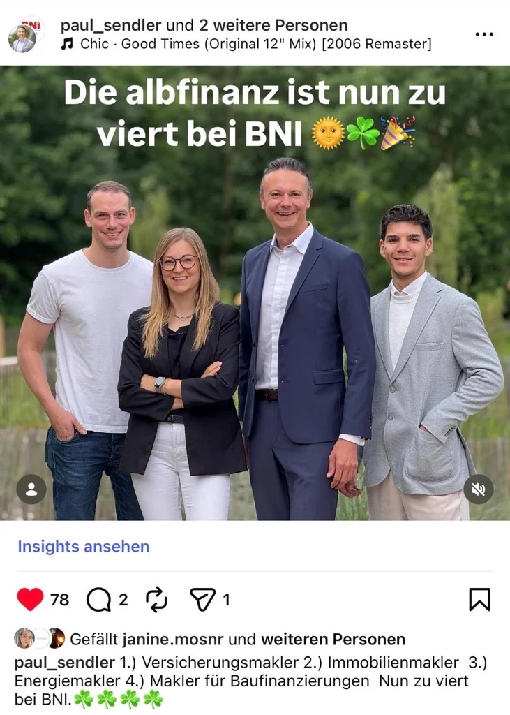 Vier Mitglieder des albfinanz-Teams beim Unternehmernetzwerk BNI in Reutlingen