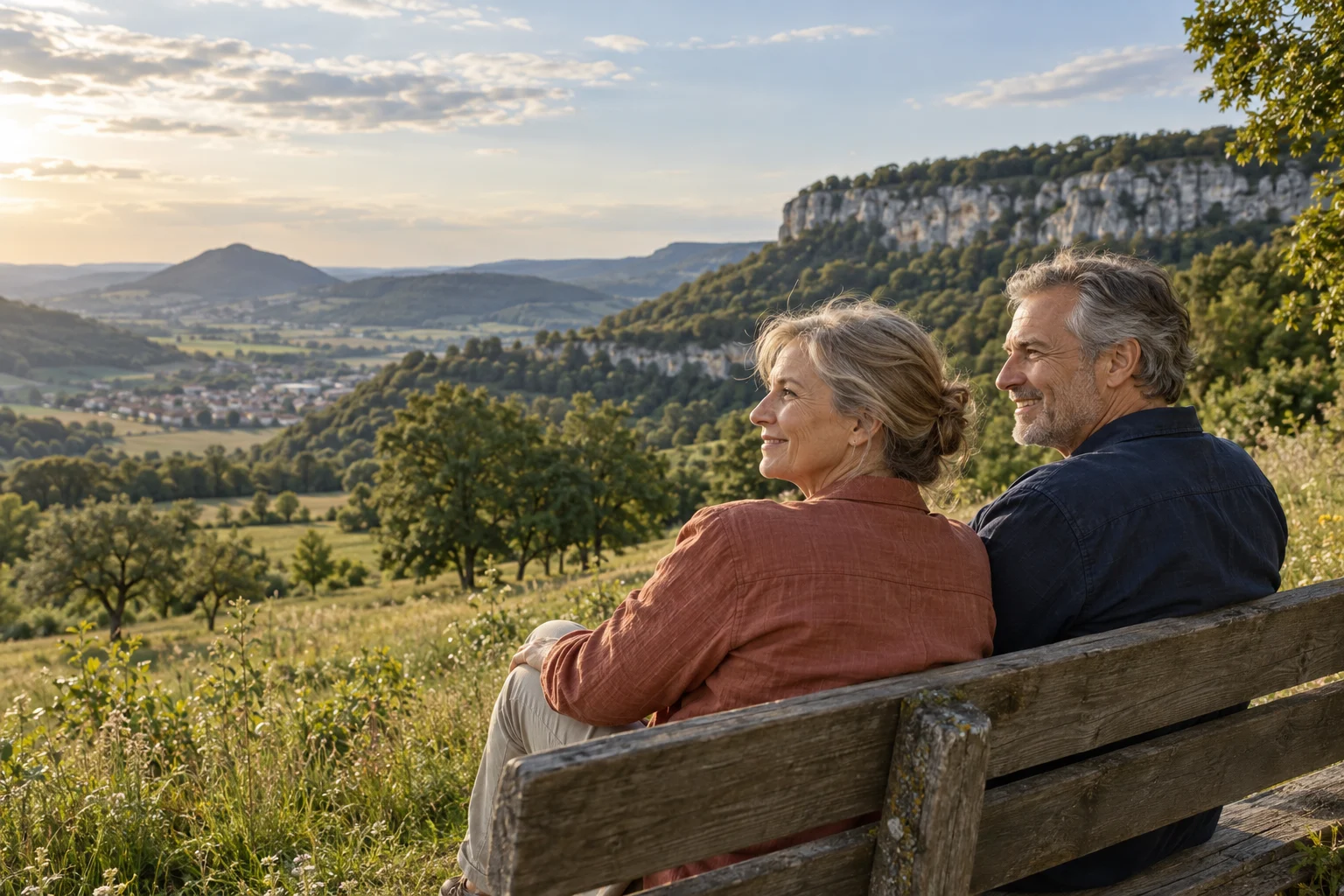 Paar genießt eine Auszeit an einem von der Schwäbischen Alb inspirierten Aussichtspunkt – KI-Symbolbild