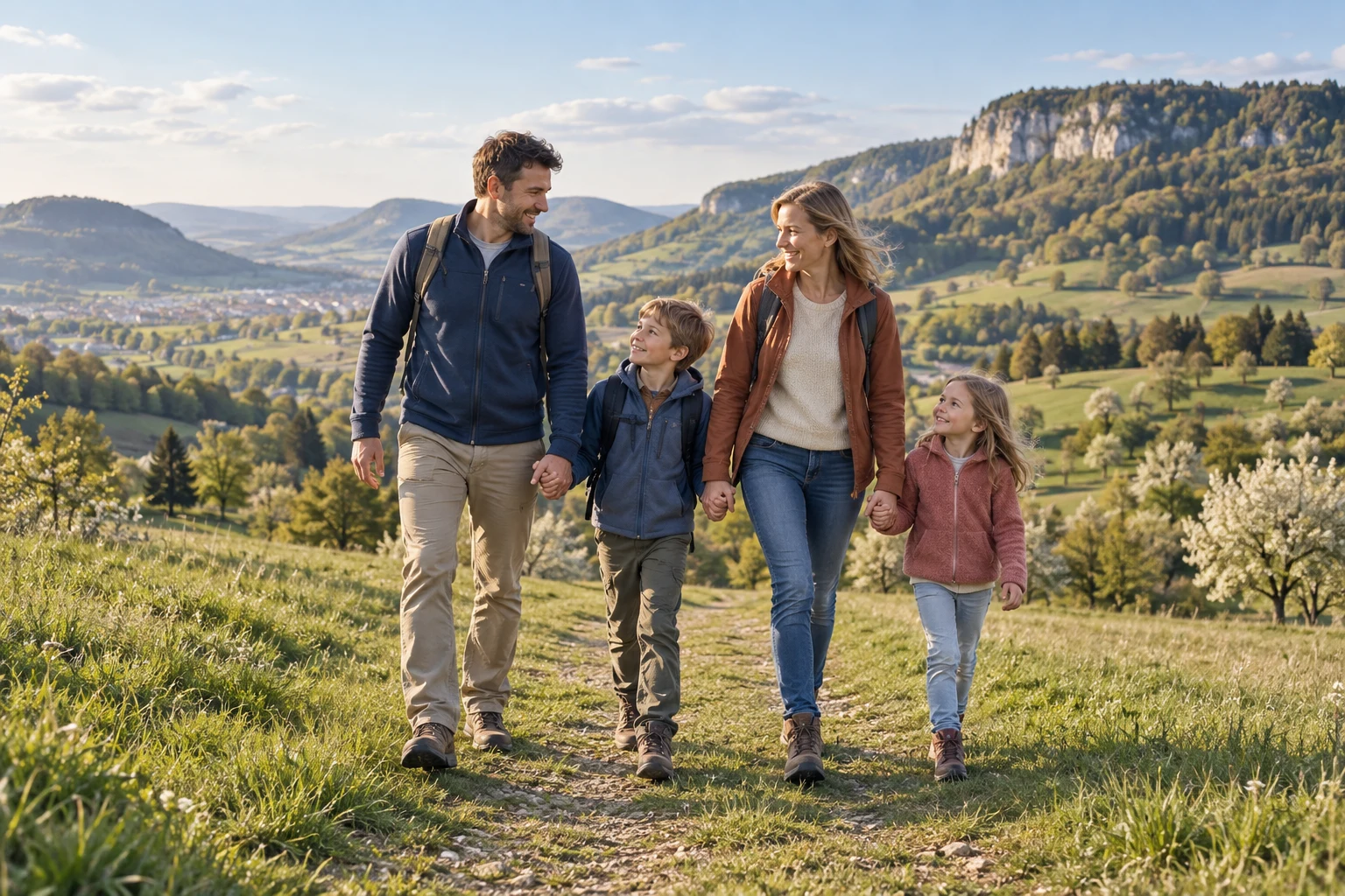 Illustrative Familienszene auf einem Wiesenweg am bewaldeten Albtrauf