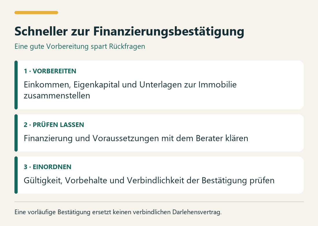 Schneller zur Finanzierungsbestätigung. 1 · VORBEREITEN: Einkommen, Eigenkapital und Unterlagen zur Immobilie zusammenstellen. 2 · PRÜFEN LASSEN: Finanzierung und Voraussetzungen mit dem Berater klären. 3 · EINORDNEN: Gültigkeit, Vorbehalte und Verbindlichkeit der Bestätigung prüfen.