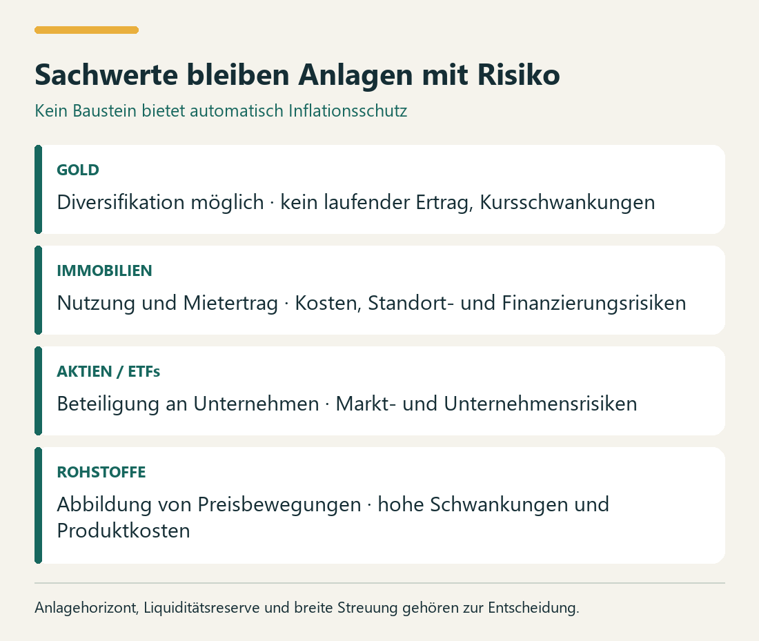 Sachwerte bleiben Anlagen mit Risiko. GOLD: Diversifikation möglich · kein laufender Ertrag, Kursschwankungen. IMMOBILIEN: Nutzung und Mietertrag · Kosten, Standort- und Finanzierungsrisiken. AKTIEN / ETFs: Beteiligung an Unternehmen · Markt- und Unternehmensrisiken. ROHSTOFFE: Abbildung von Preisbewegungen · hohe Schwankungen und Produktkosten.