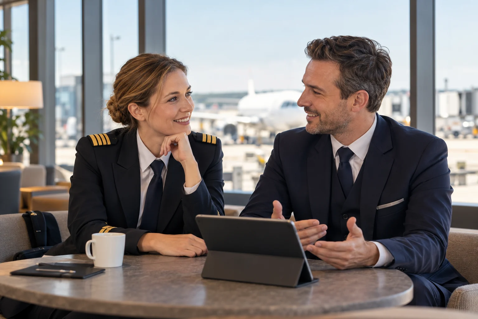 Pilotin und Kabinenmitarbeiter im Gespräch in einer Flughafen-Lounge – KI-Symbolbild
