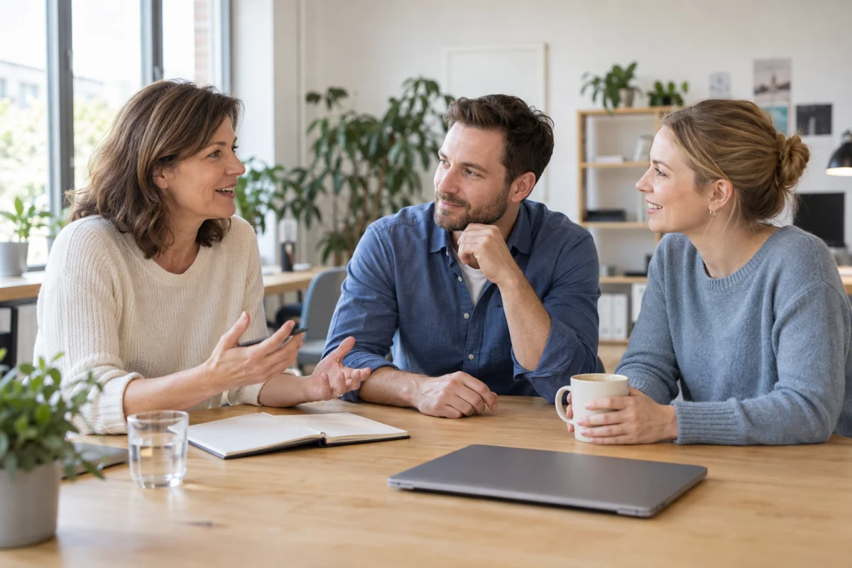 Drei Menschen besprechen ihre nächsten Schritte an einem Tisch