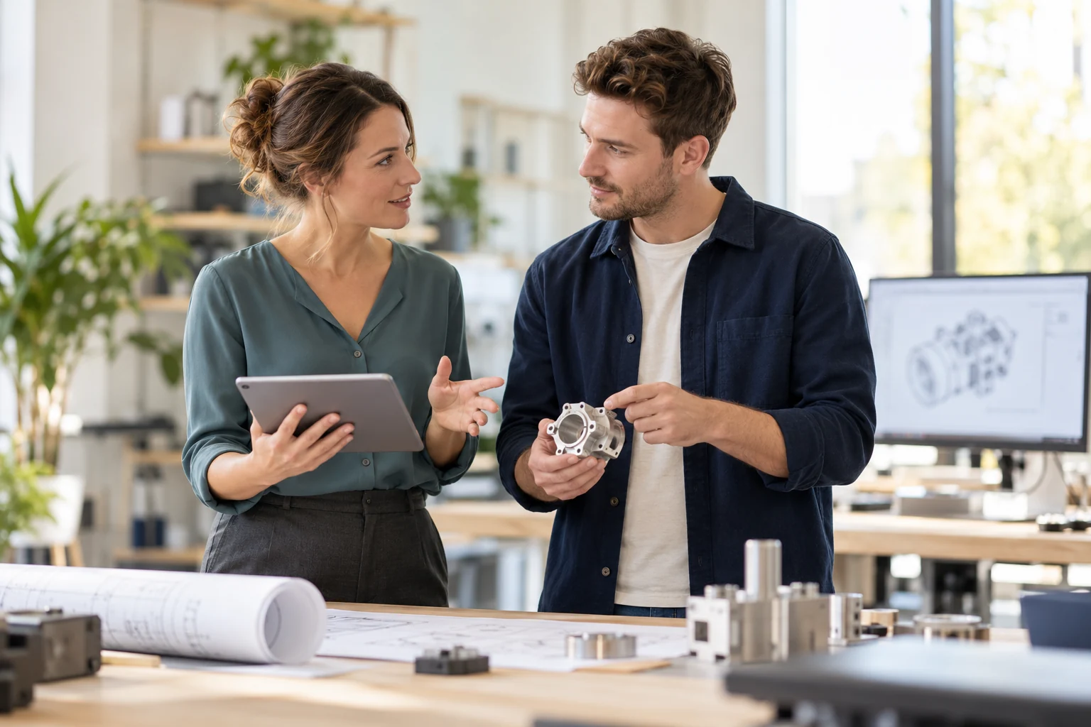 Ingenieurin und IT-Spezialist besprechen einen technischen Prototyp – KI-Symbolbild