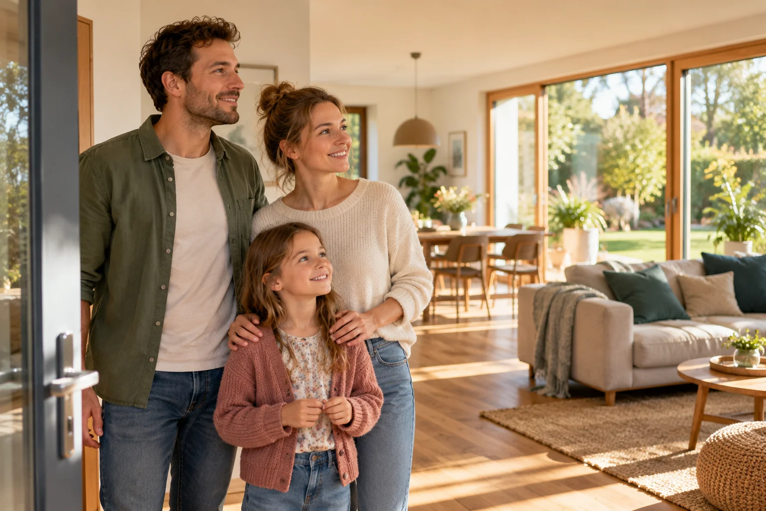 Eine Familie blickt voller Vorfreude in ihr helles neues Zuhause