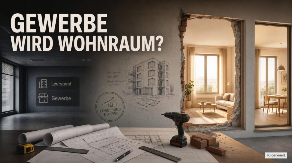 Leere Gewerbefläche wird zu Wohnraum: Umbau, Baupläne und helle Wohnfenster als eigenständiger Blogheader ohne reale Person.