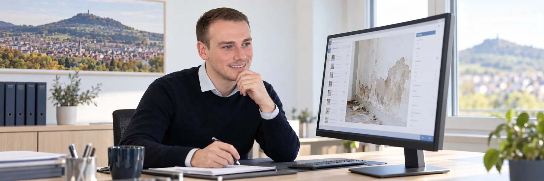 Christoph Bechtle bearbeitet eine digital eingegangene Geb&auml;udeschadenmeldung &ndash; KI-gestaltete Szene