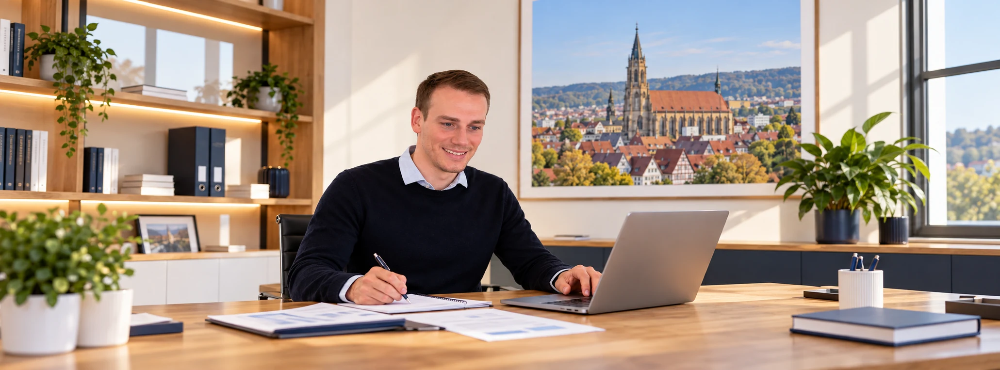 Christoph Bechtle prüft Unterlagen zur Pflegevorsorge – illustrative Beratungsszene