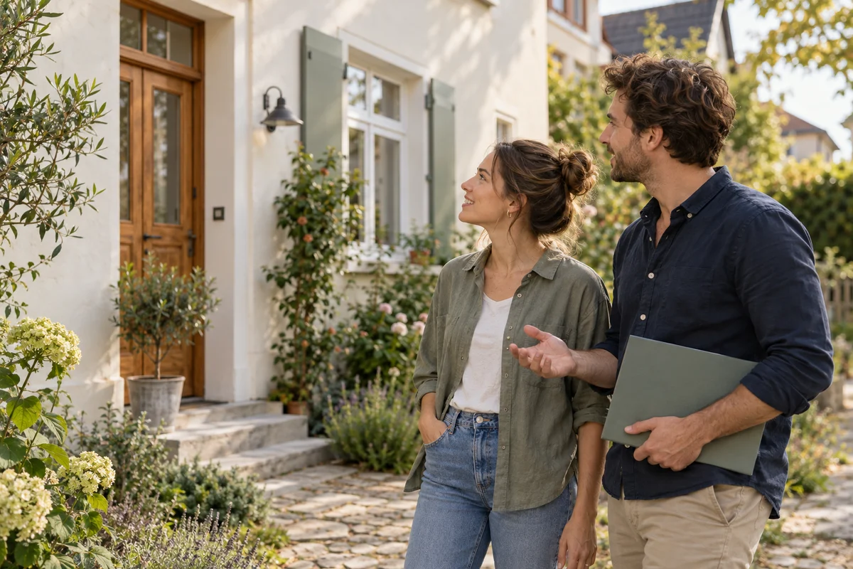 Ein Paar betrachtet gemeinsam ein Haus und plant sein zukünftiges Zuhause