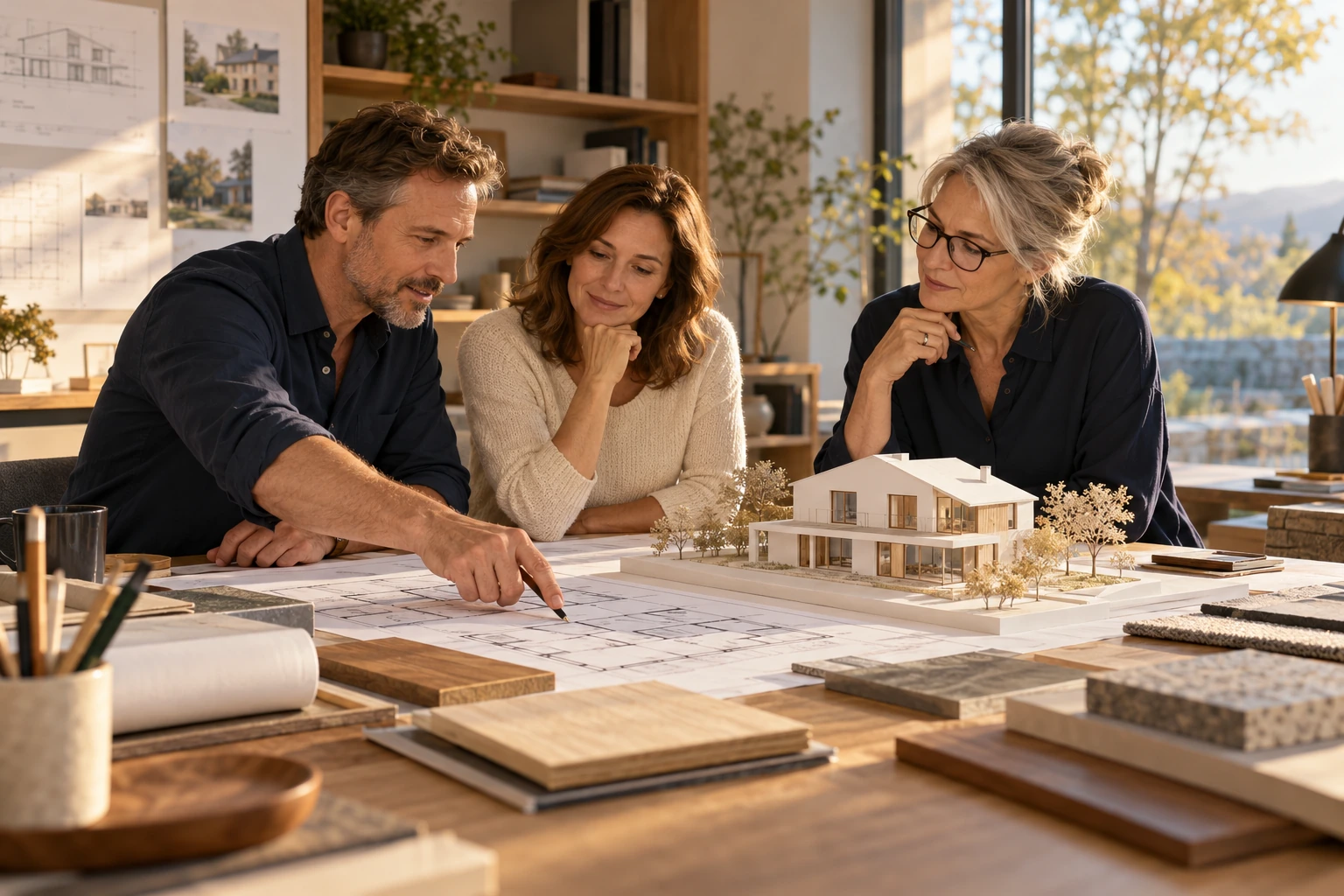 Ein Paar bespricht mit einer Architektin den Grundriss und ein Modell seines künftigen Hauses.