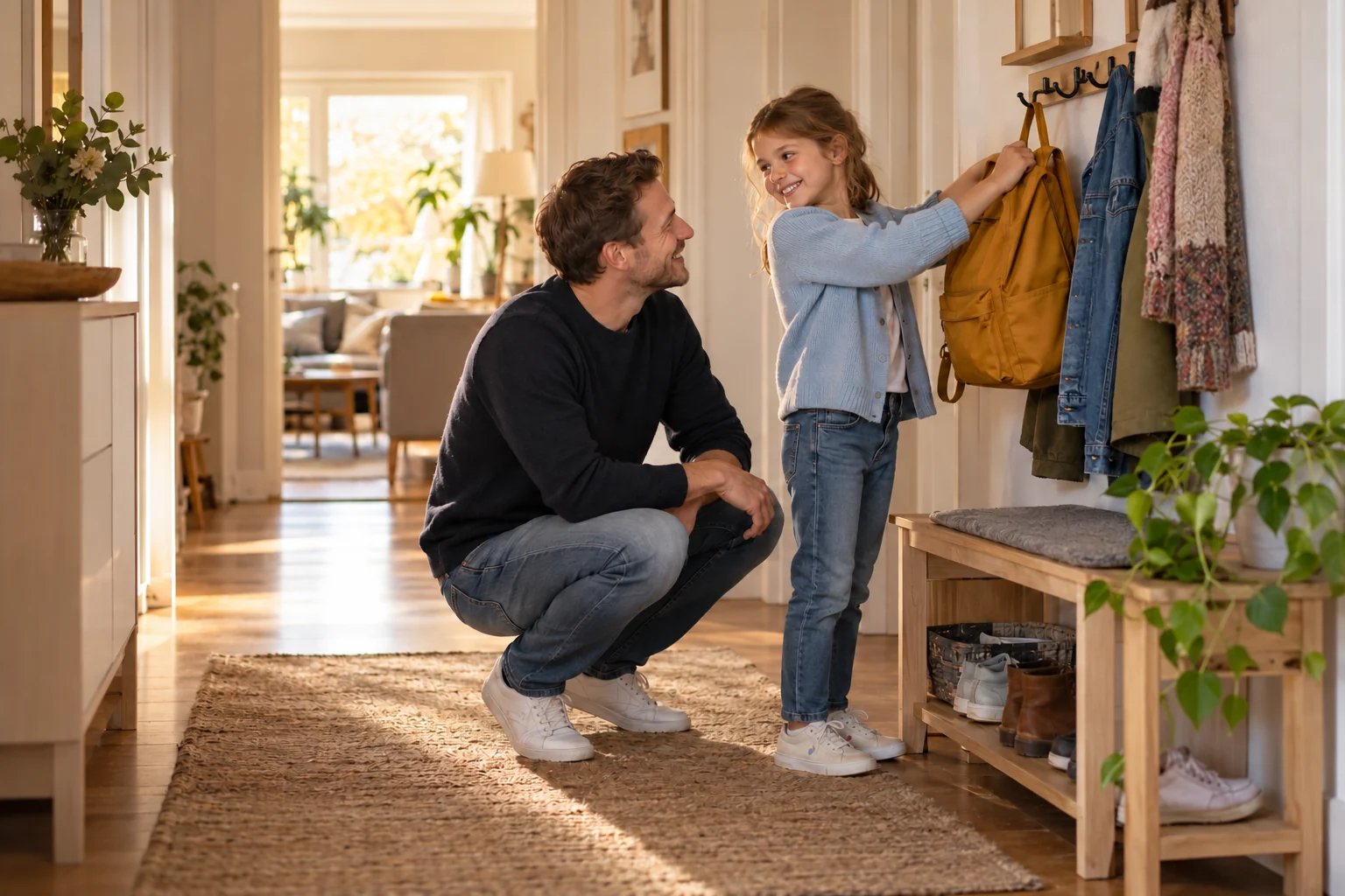 Ein Vater und seine Tochter kommen zu Hause an und hängen den Schulrucksack auf.