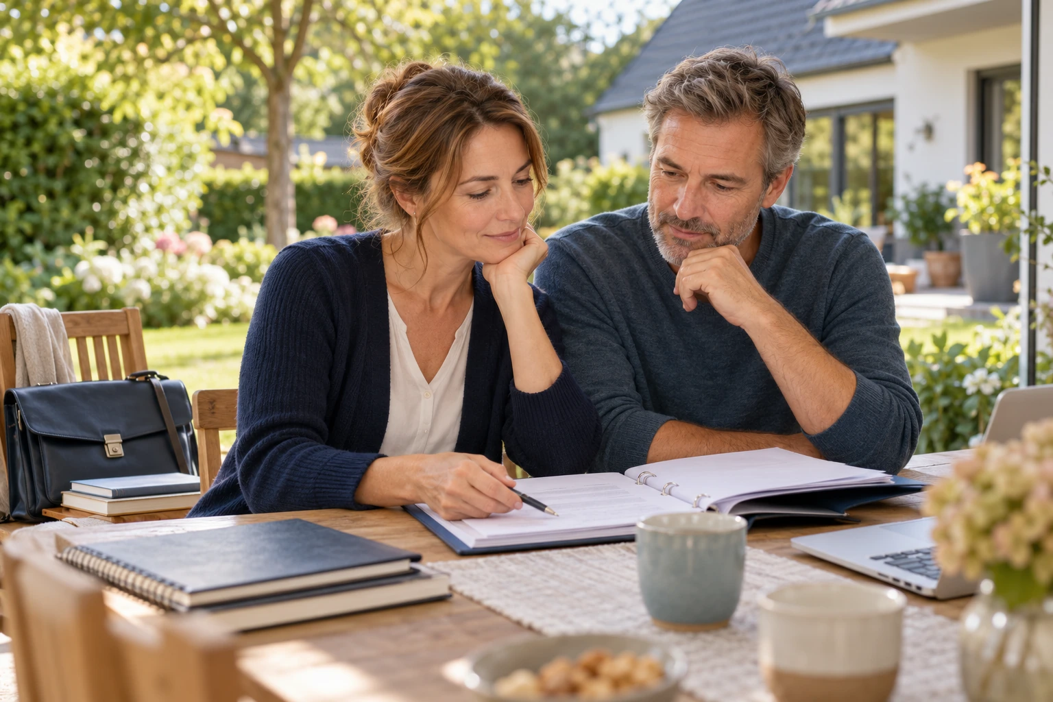 Eine Frau und ihr Partner besprechen am Tisch eine Haushaltsplanung; daneben liegen eine Arbeitstasche und Bücher.