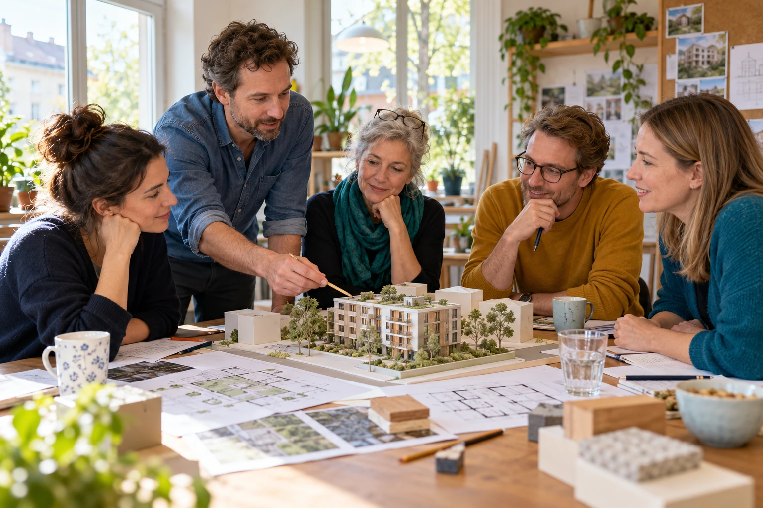 Fünf künftige Nachbarn besprechen in einem hellen Raum ein Modell ihres gemeinsamen Wohnprojekts.