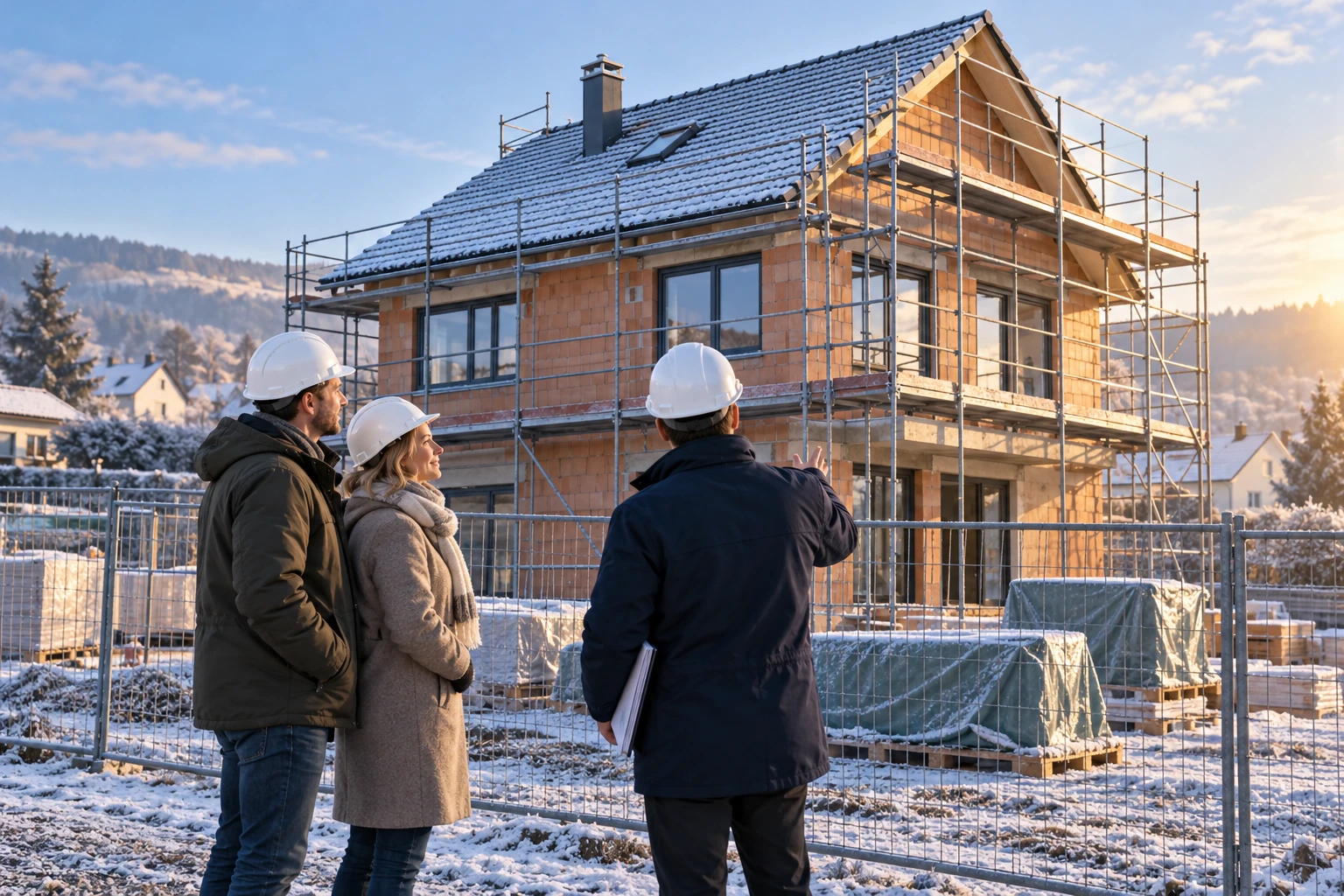 Ein Paar und ein Bauleiter betrachten von einem gesicherten Weg ihr im Winter noch im Bau befindliches Haus.