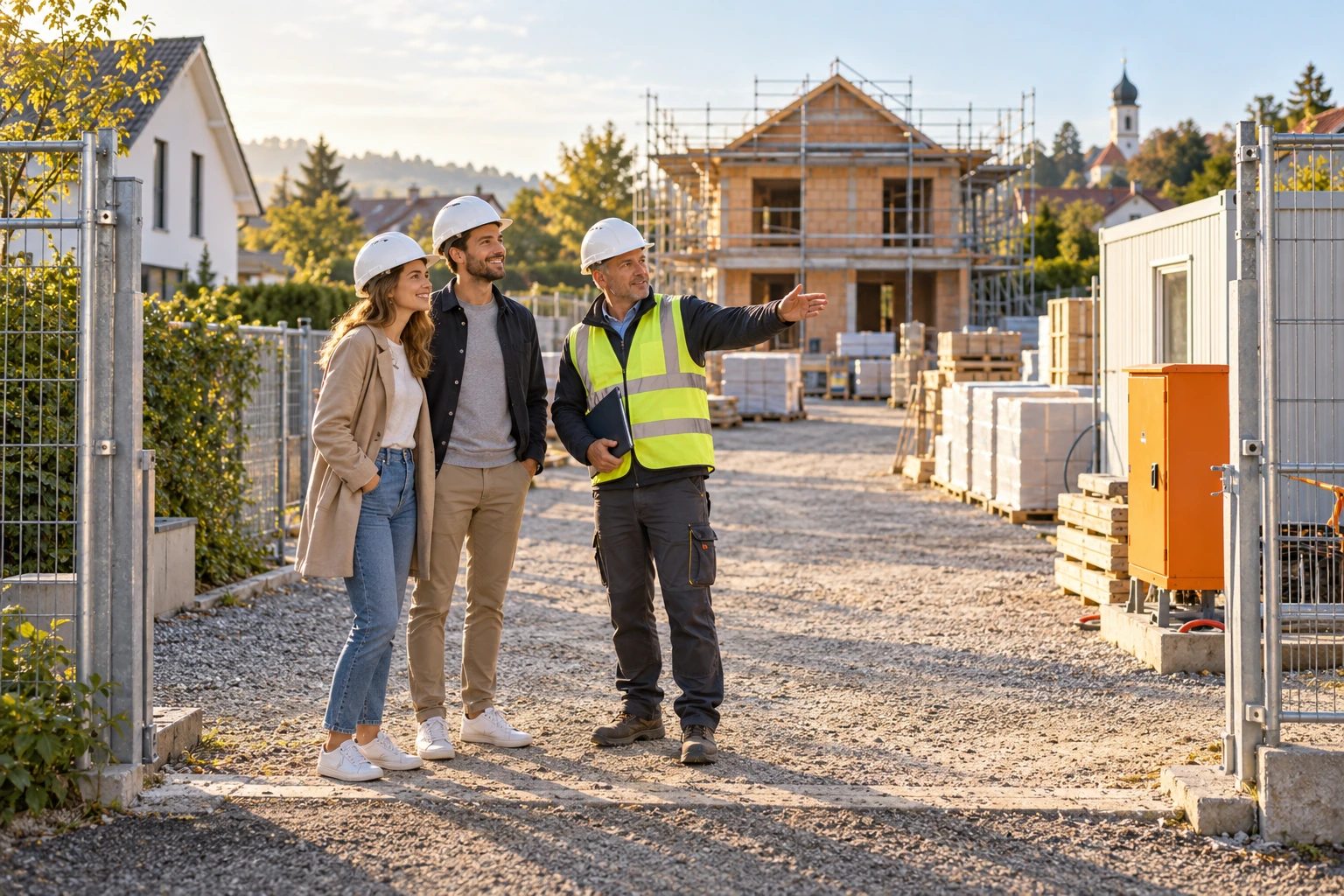 Bauherren und Bauleiter betrachten am gesicherten Eingang eine vorbereitete Baustelle mit Materiallager und Baustromkasten.