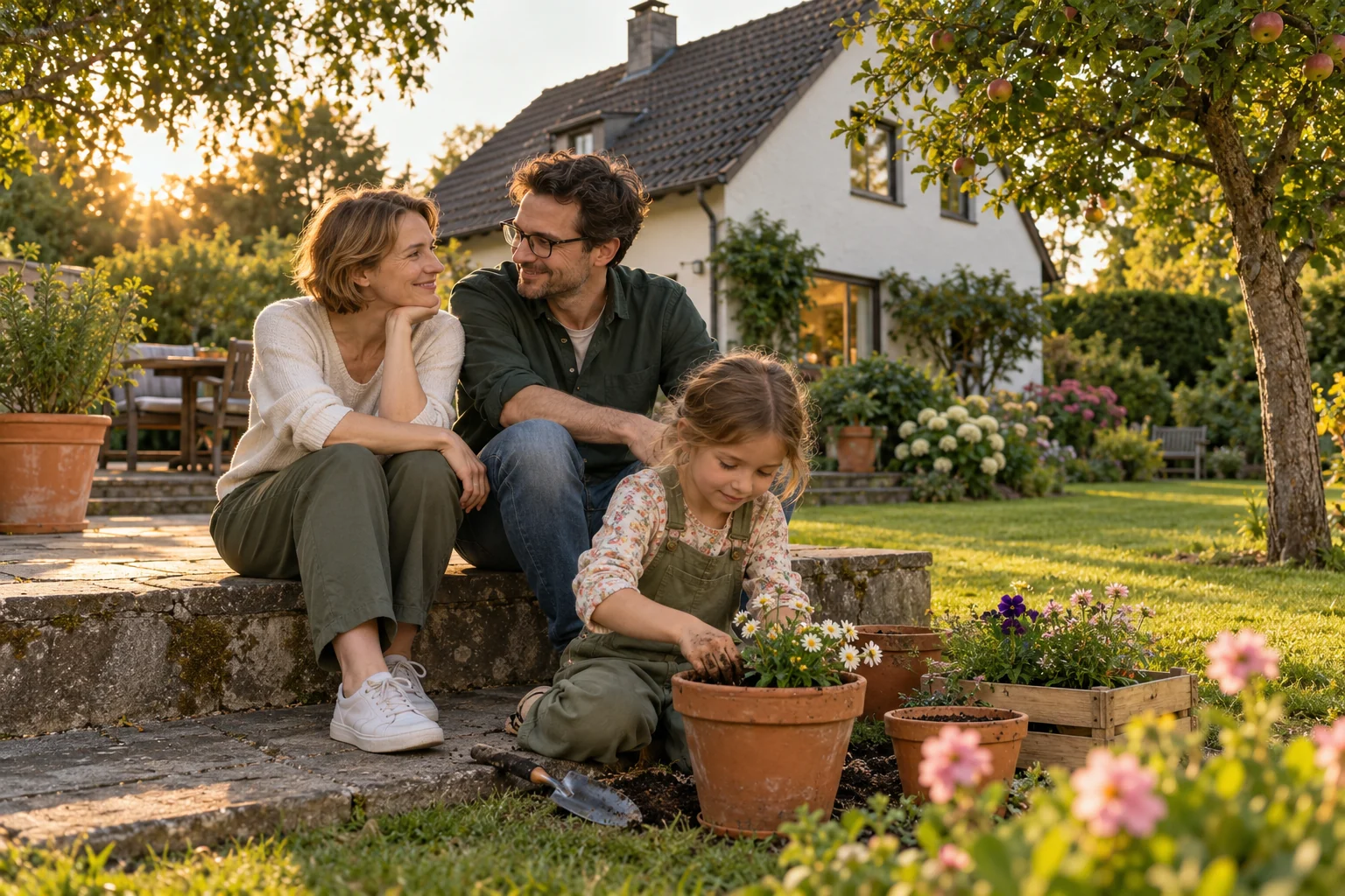 Eine Familie verbringt gemeinsam Zeit im Garten eines Hauses.