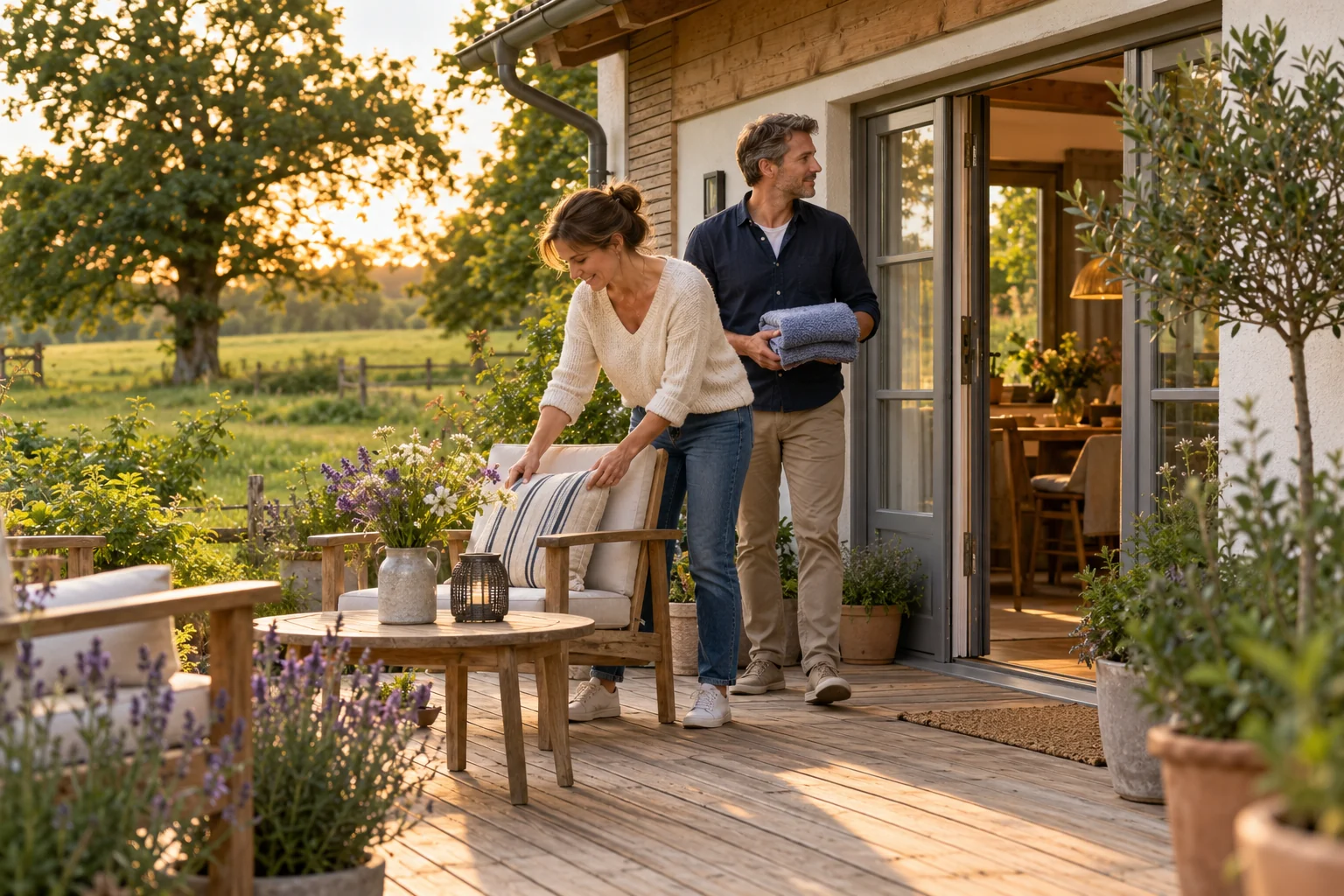 Ein Paar bereitet die Terrasse eines Ferienhauses für ankommende Gäste vor.