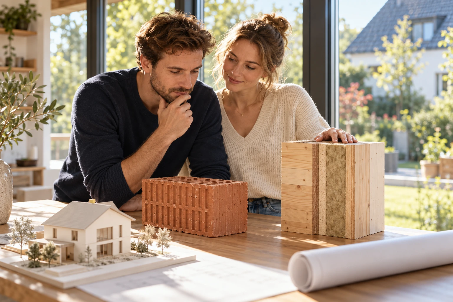 Ein Paar vergleicht einen Ziegel und ein mehrschichtiges Holzbauteil am Planungstisch.