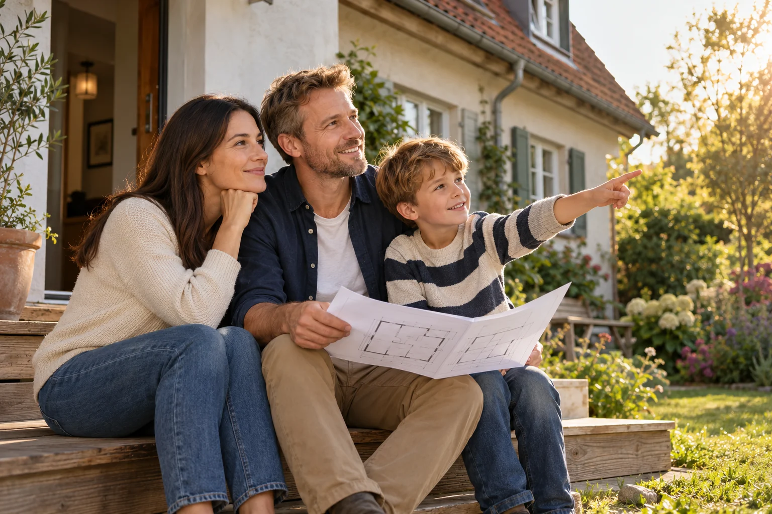 Eine Familie betrachtet vor ihrem Haus einen Grundriss und plant ihr künftiges Zuhause.