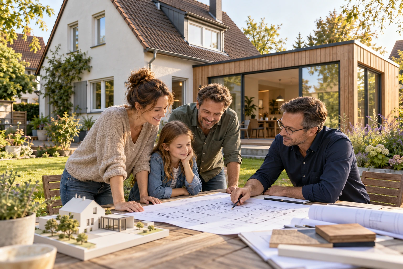 Eine Familie bespricht mit einem Planer einen Hausanbau; im Hintergrund verbindet sich ein heller Holzbau mit dem bestehenden Haus.