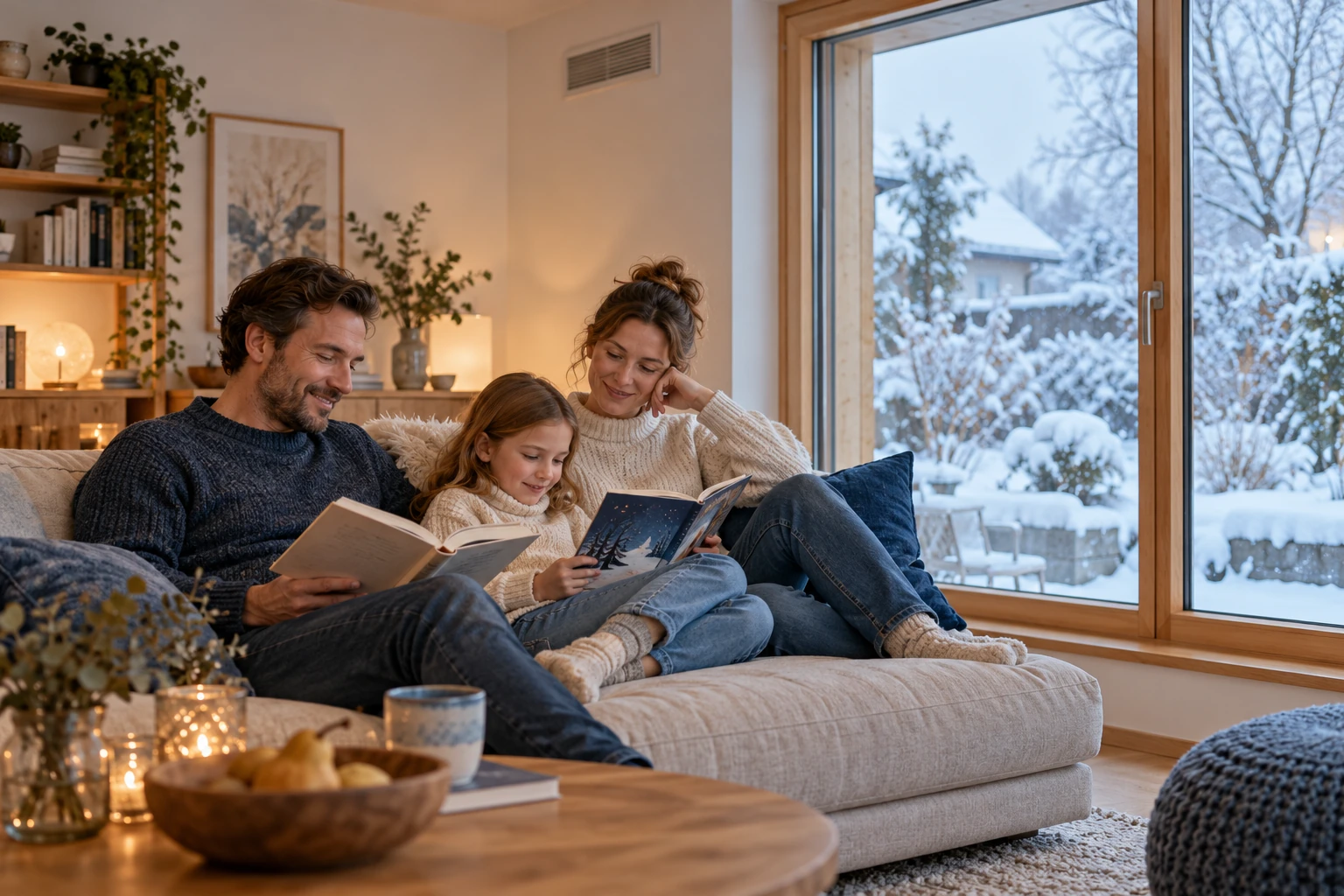 Eine Familie liest in einem behaglichen hellen Wohnzimmer vor einem Fenster mit Blick in einen verschneiten Garten.