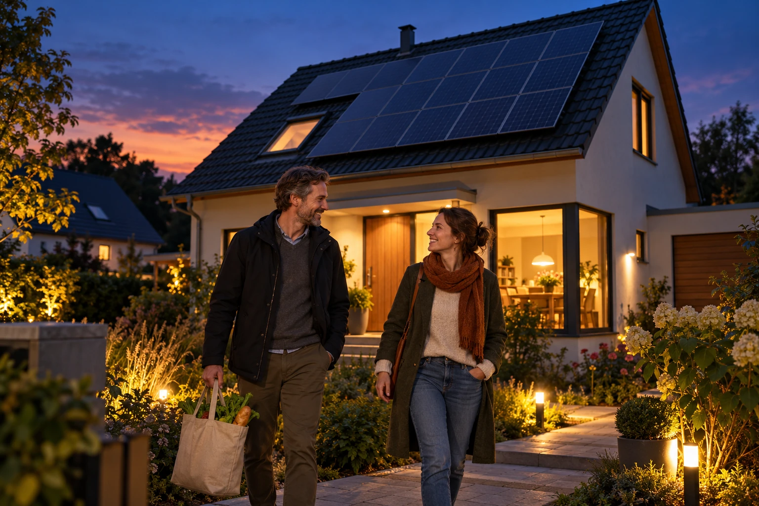 Ein Paar kommt am frühen Abend zu einem kompakten Haus mit Solarmodulen auf dem Dach und warm beleuchteten Fenstern nach Hause.