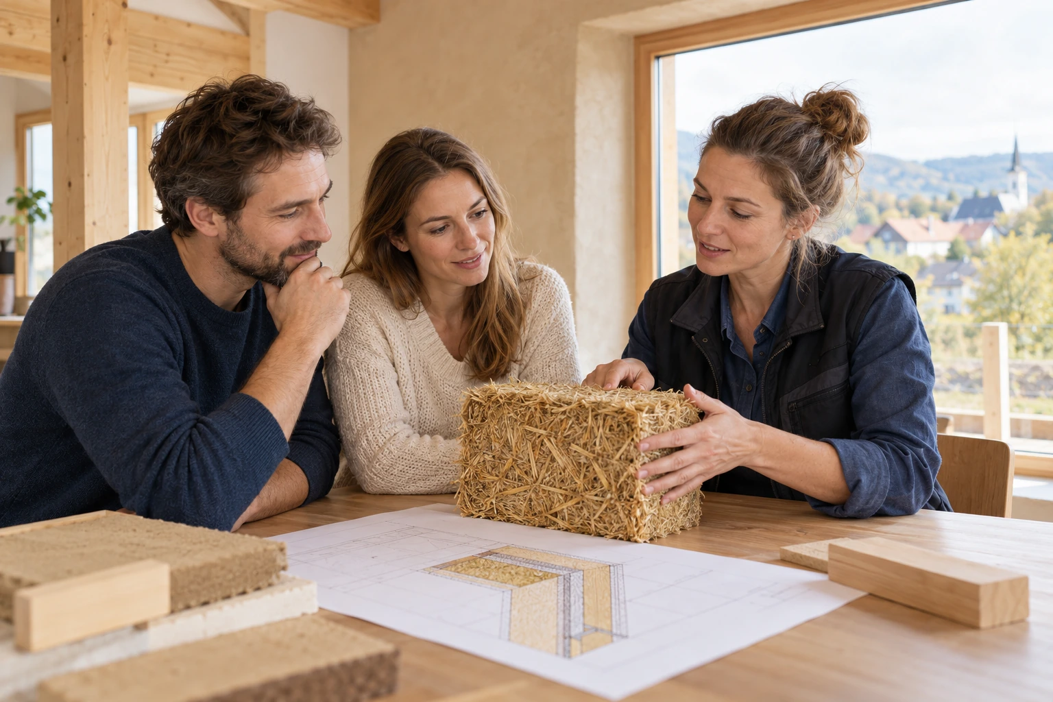 Ein Paar betrachtet mit einer Fachberaterin eine Baustrohprobe in einem hellen Haus mit natürlich wirkenden Oberflächen.