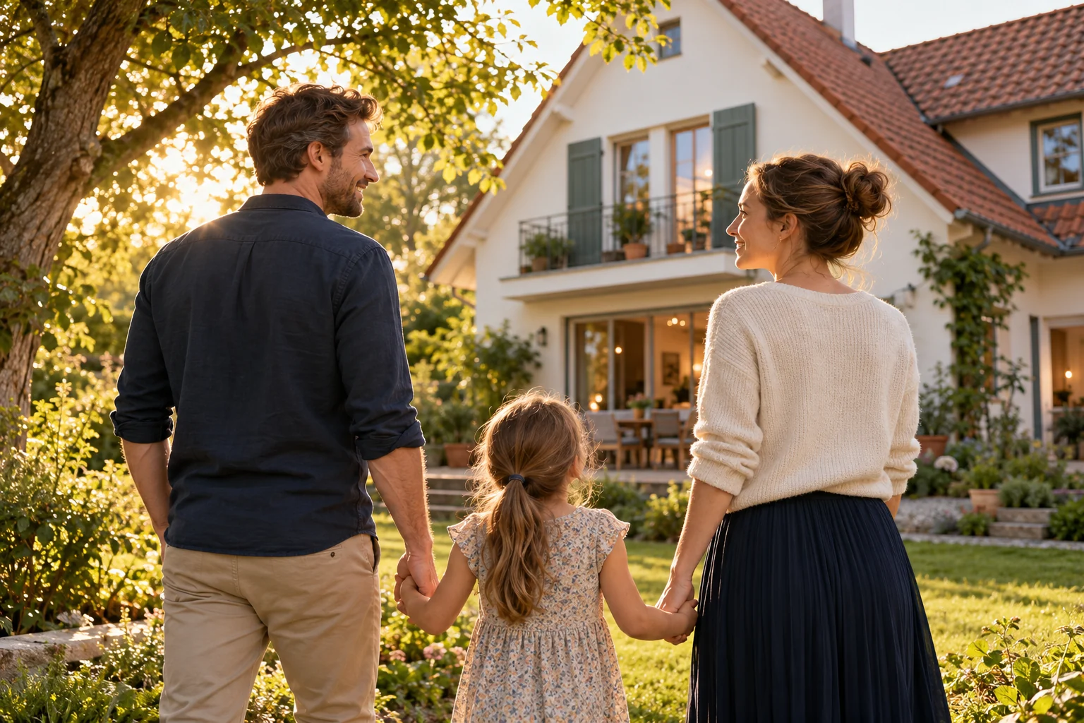 Eine Familie blickt gemeinsam auf ihr Zuhause im warmen Abendlicht.