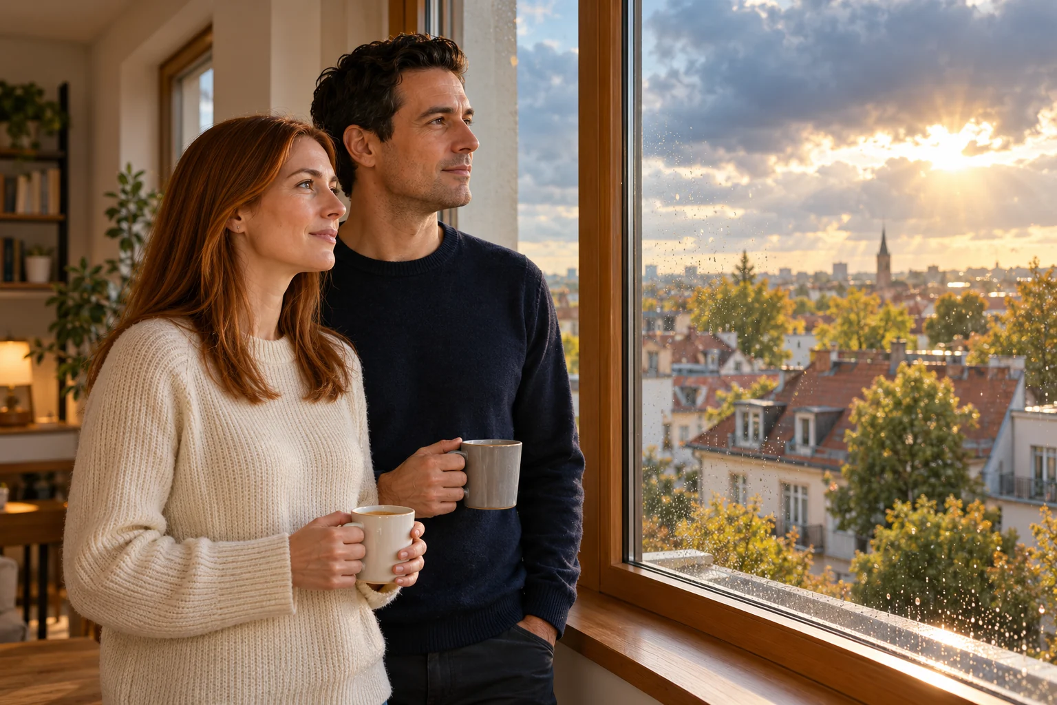 Ein Paar blickt durch sein Wohnungsfenster auf einen wechselhaften Himmel über den Dächern.