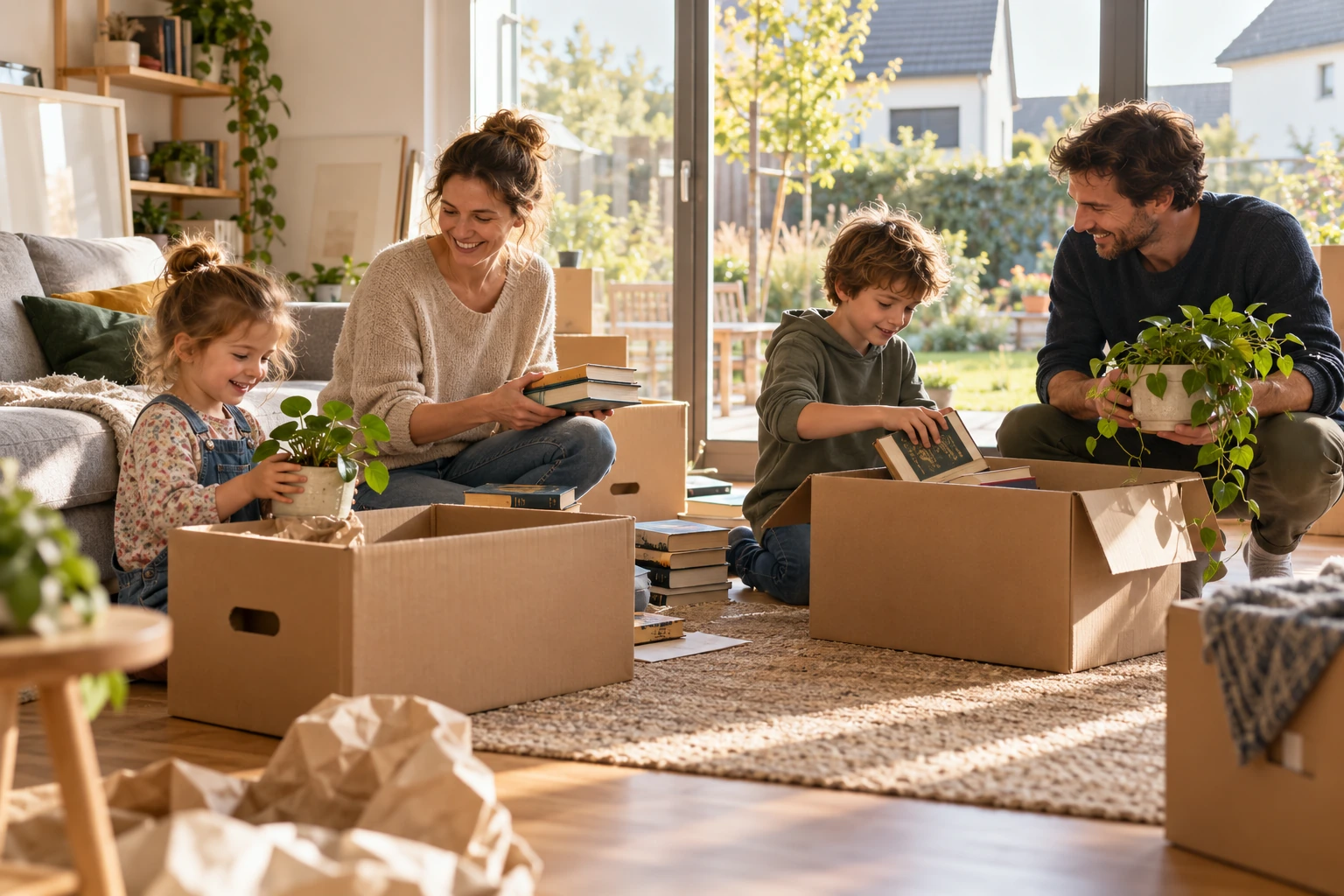 Eltern und zwei Kinder richten mit Büchern und Pflanzen ihr helles neues Zuhause ein.