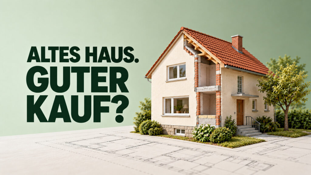 Illustratives Modell eines älteren Hauses mit Einblick in den Wandaufbau und der Frage: Altes Haus. Guter Kauf?