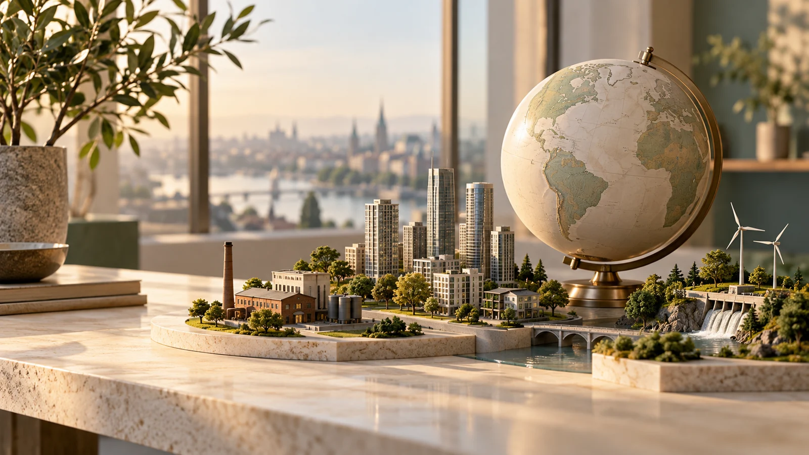 Illustrative Weltwirtschaft mit Globus, Gebäuden und Energieanlagen – illustrative KI-Szene