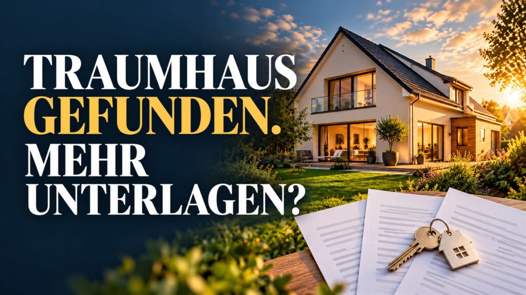 Traumhaus gefunden. Mehr Unterlagen? Haus im Abendlicht mit Finanzierungsunterlagen und Schlüssel.