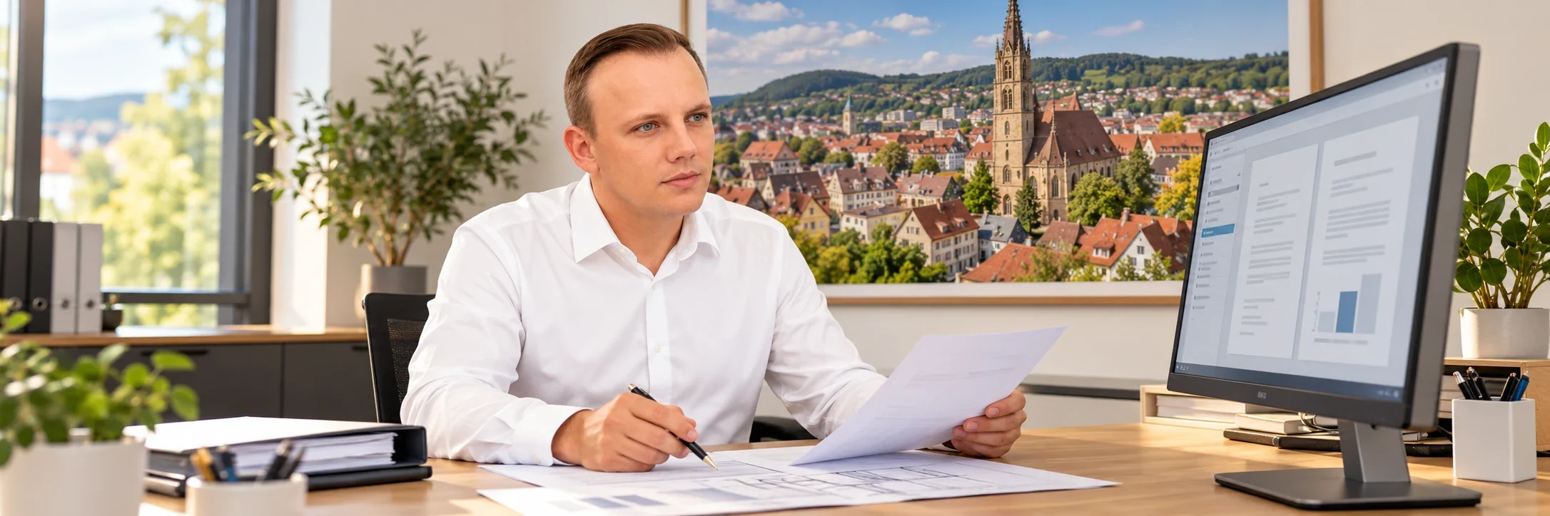 Markus Rataj prüft eine digital eingereichte berufliche Schadenmeldung – KI-gestaltete Szene