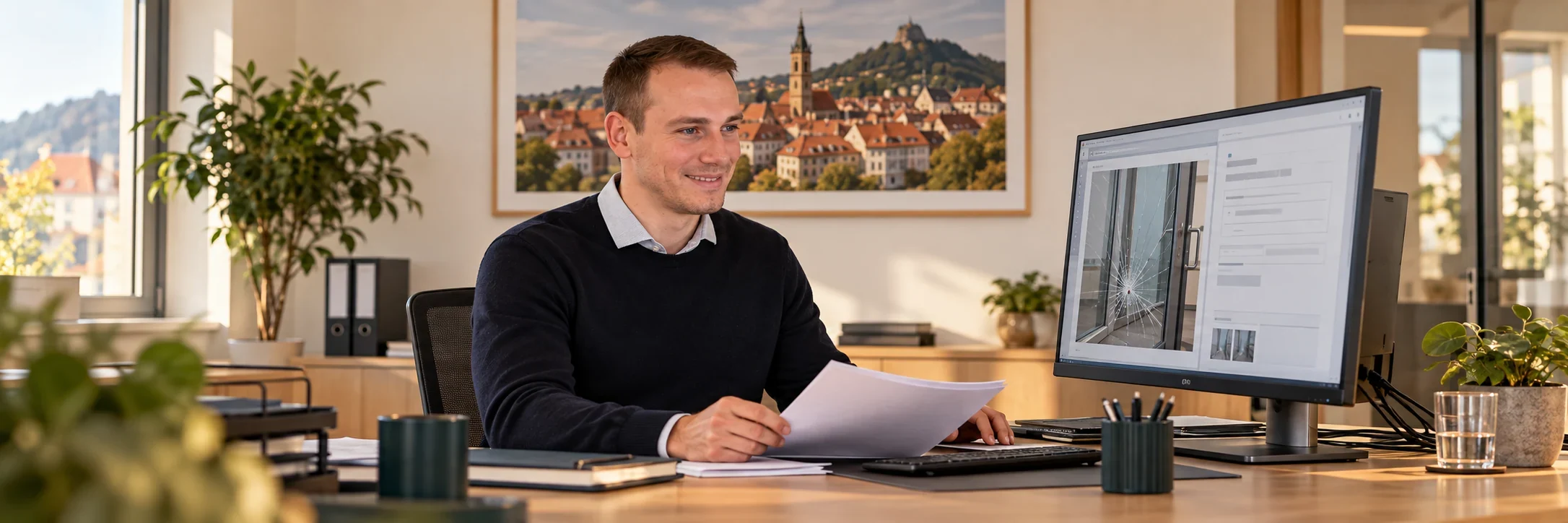 Christoph Bechtle bearbeitet eine digitale gewerbliche Schadenmeldung am Computer – KI-gestaltete Szene