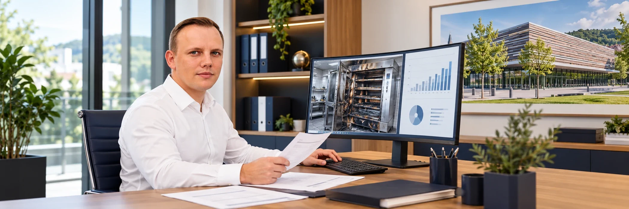 Markus Rataj bearbeitet digital eingegangene Unterlagen zu einem Bäckereibrand; Reutlinger Stadthallenmotiv im Büro – KI-Szene