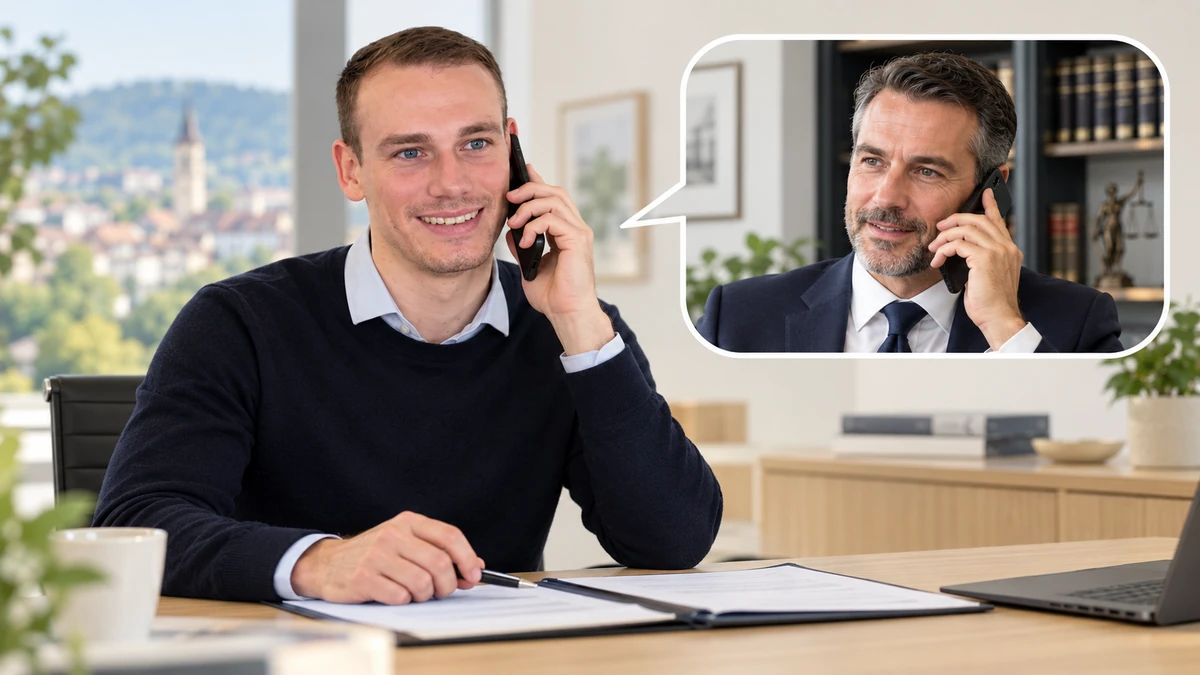 Christoph Bechtle telefoniert für einen Kunden mit einem Rechtsanwalt, der in einer Sprechblase sichtbar ist – KI-gestaltete Szene