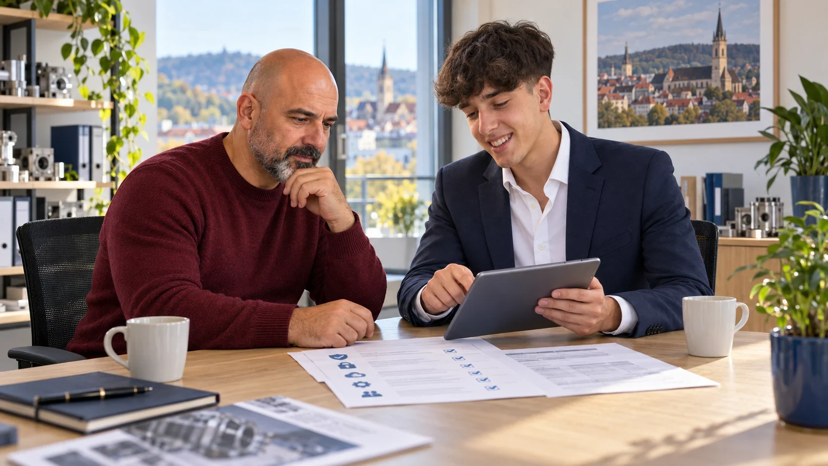 Benjamin Starcevic berät den Inhaber des Ingenieurbüros vor einem Schaden zu Cyberrisiken – KI-Szene